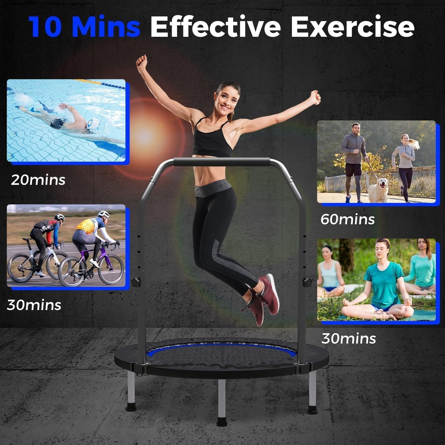 40in Fitness Rebounder Trampoline Adjustable Handle Quiet Indoor