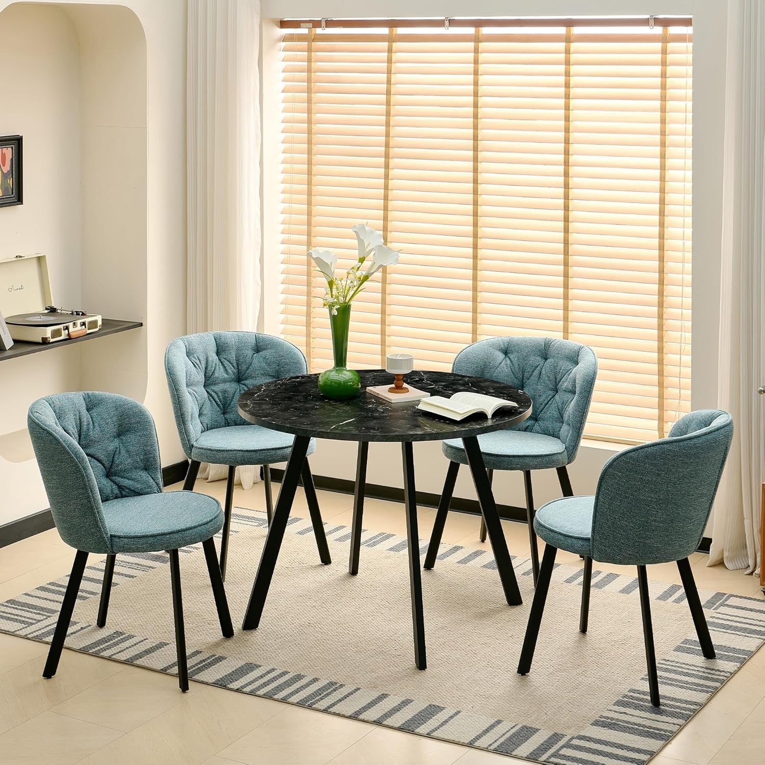 4 Seat Blue Dining Chairs & Black Marble Round Table Modern Kitchen Set