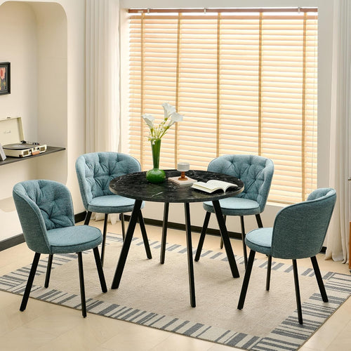 4 Seat Blue Dining Chairs & Black Marble Round Table Modern Kitchen Set