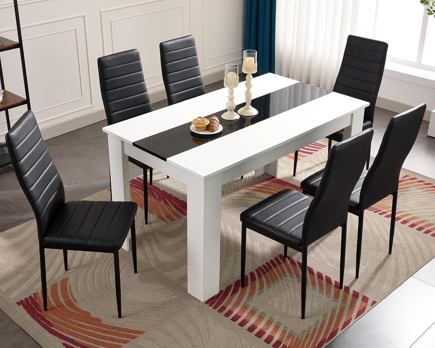 Modern Dining Table Set 6 PU Leather Chairs 140x80x75cm Kitchen Dining