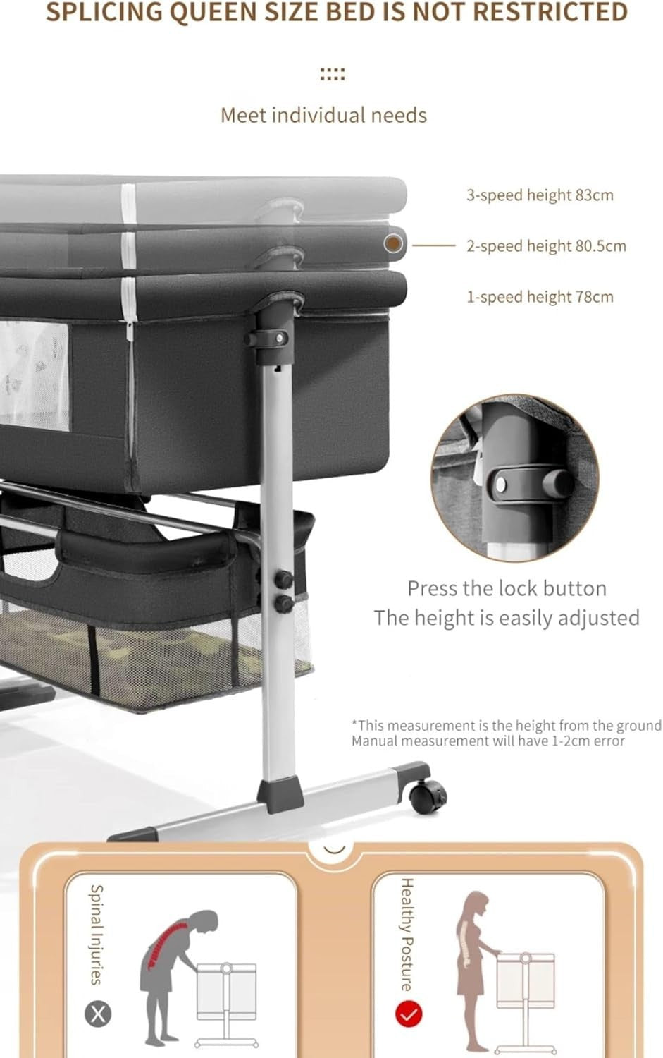 3in1 Baby Crib Bassinet Adjustable Height Travel Cot with Mosquito Net