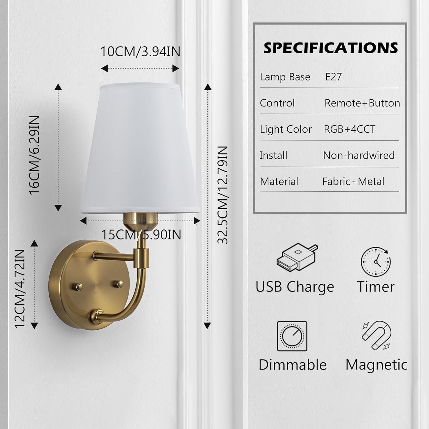 Battery Operated Wall Sconces Set of 2, Rechargeable RGB LED Lights + Remote