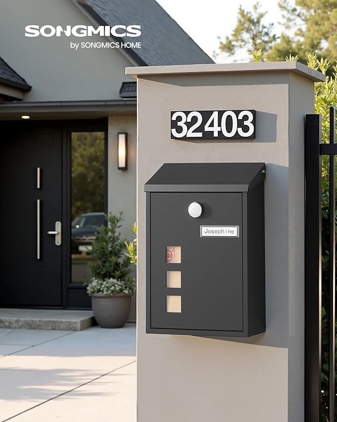 Wall Mounted Mailbox Lockable Post Box Black Steel Rust Resistant 9x21.8x31.8cm