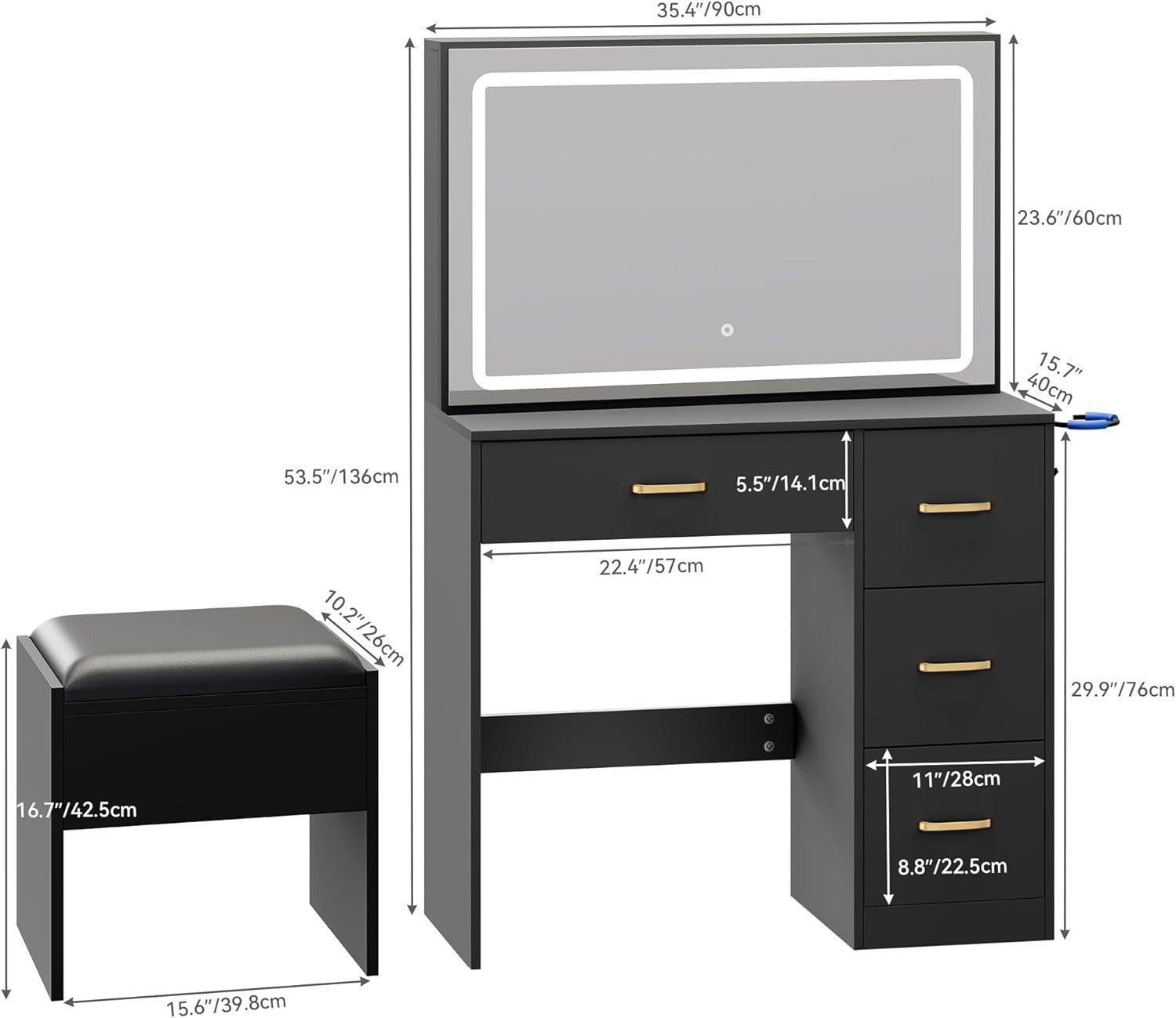 Modern Vanity Desk w/ Lighted Mirror & Charging Station USB Outlet 4 Drawers