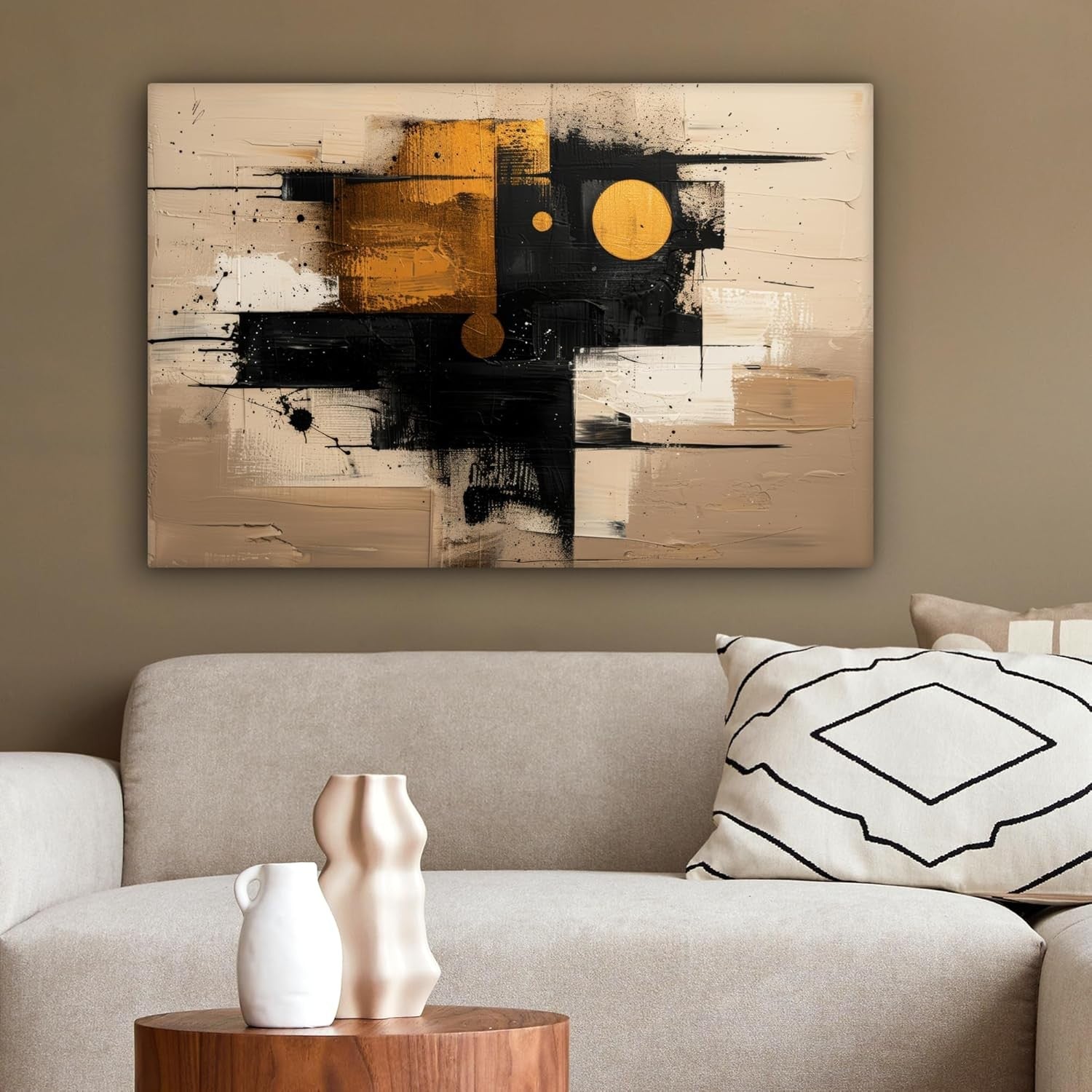 Abstract Canvas Wall Art 60x40cm Framed Beige Gold Modern