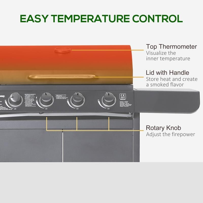 4+1 Burner Gas BBQ Grill with Thermometer, Side Shelves, Cabinet & Wheels