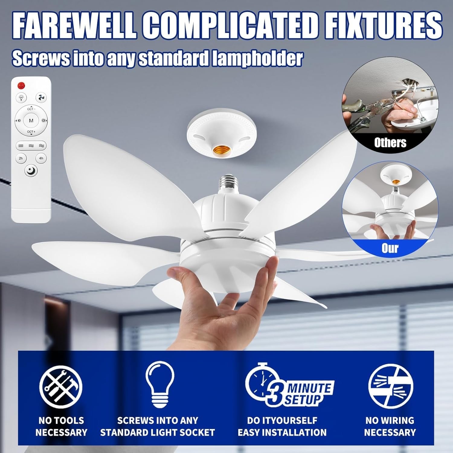 20" Ceiling Fan Light with Remote, Dimmable 30W, 3-Color 3-Speed, Quiet