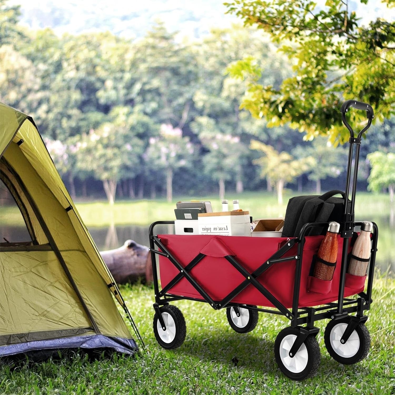 Red Folding Trolley Cart Heavy Duty Collapsible Garden Wagon Adjustable Handle