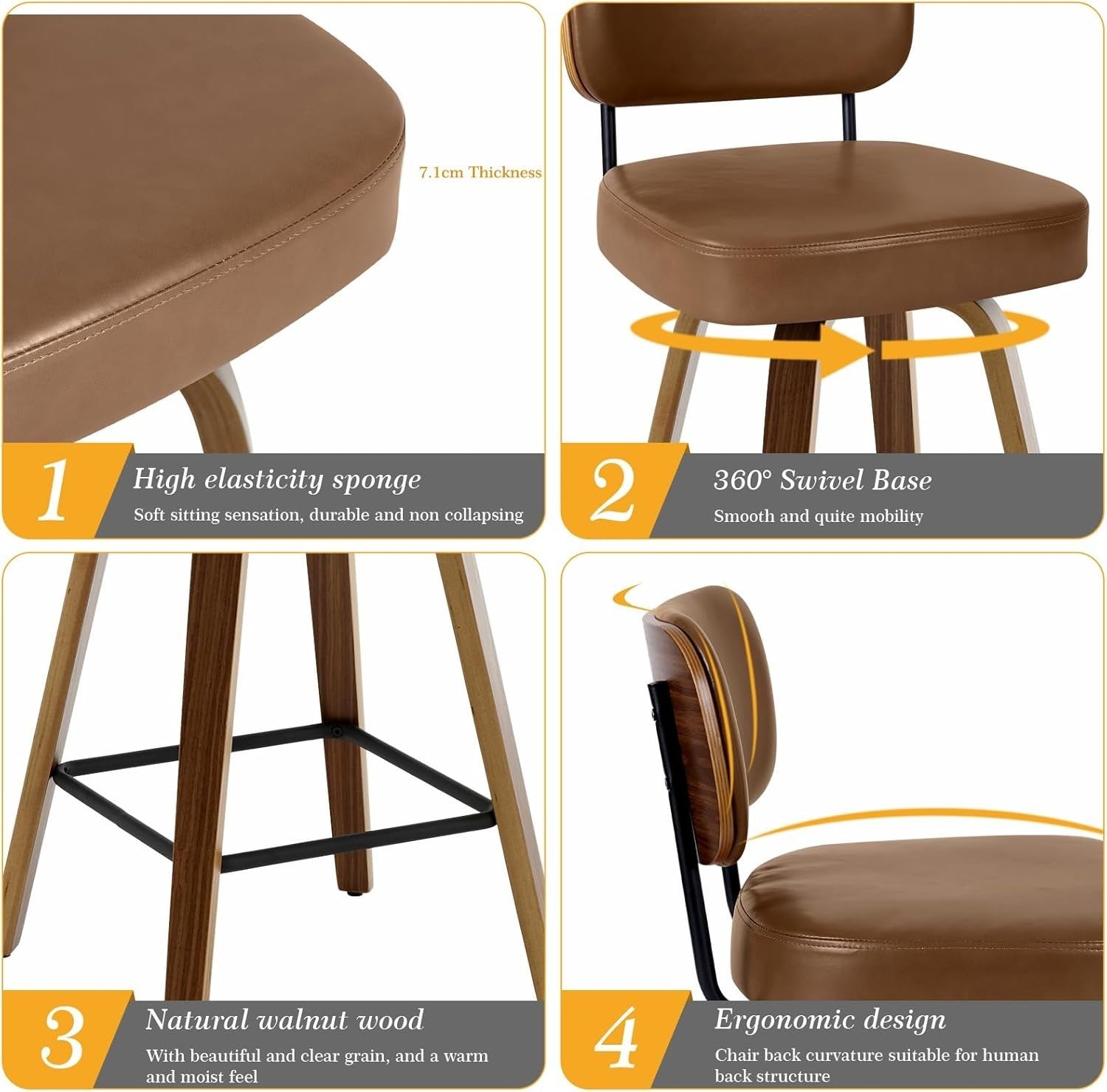 Brown PU Leather Swivel Bar Stools Set of 2 | Wooden Counter Chairs