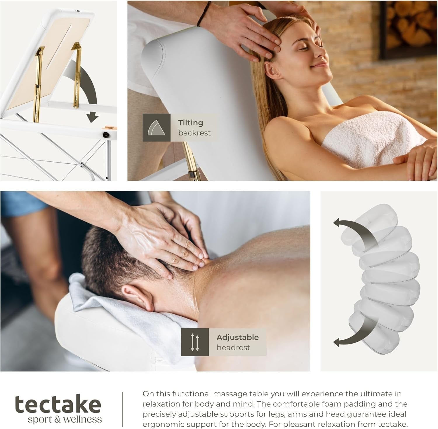 Portable 3 Section Massage Table Foldable Spa Beauty Bed 61cm Adjustable White