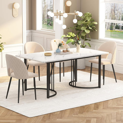Rectangular Marble Pattern Dining Table 140x80cm White Desktop Black Legs