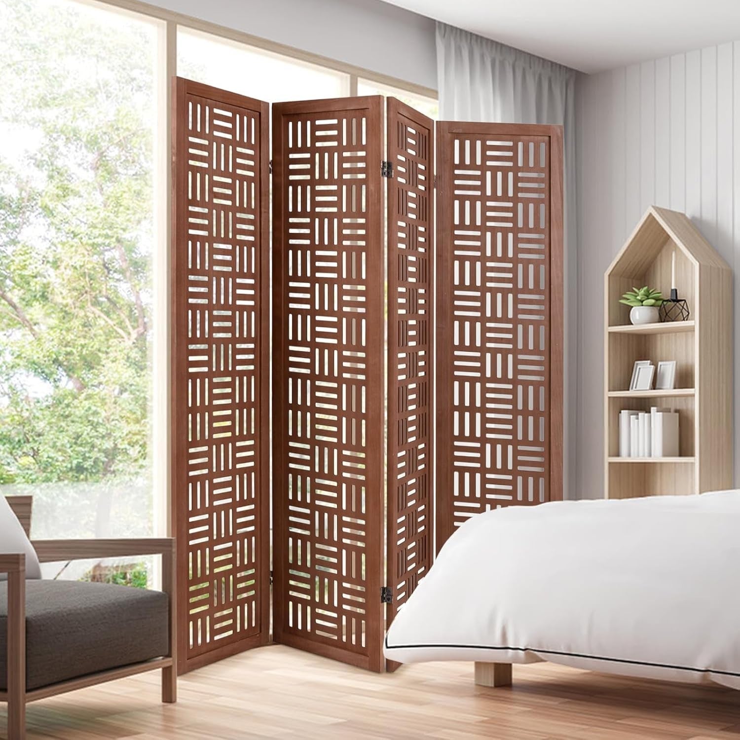4 Panel Brown Carved Wood Folding Room Divider Privacy Screen 160x165cm