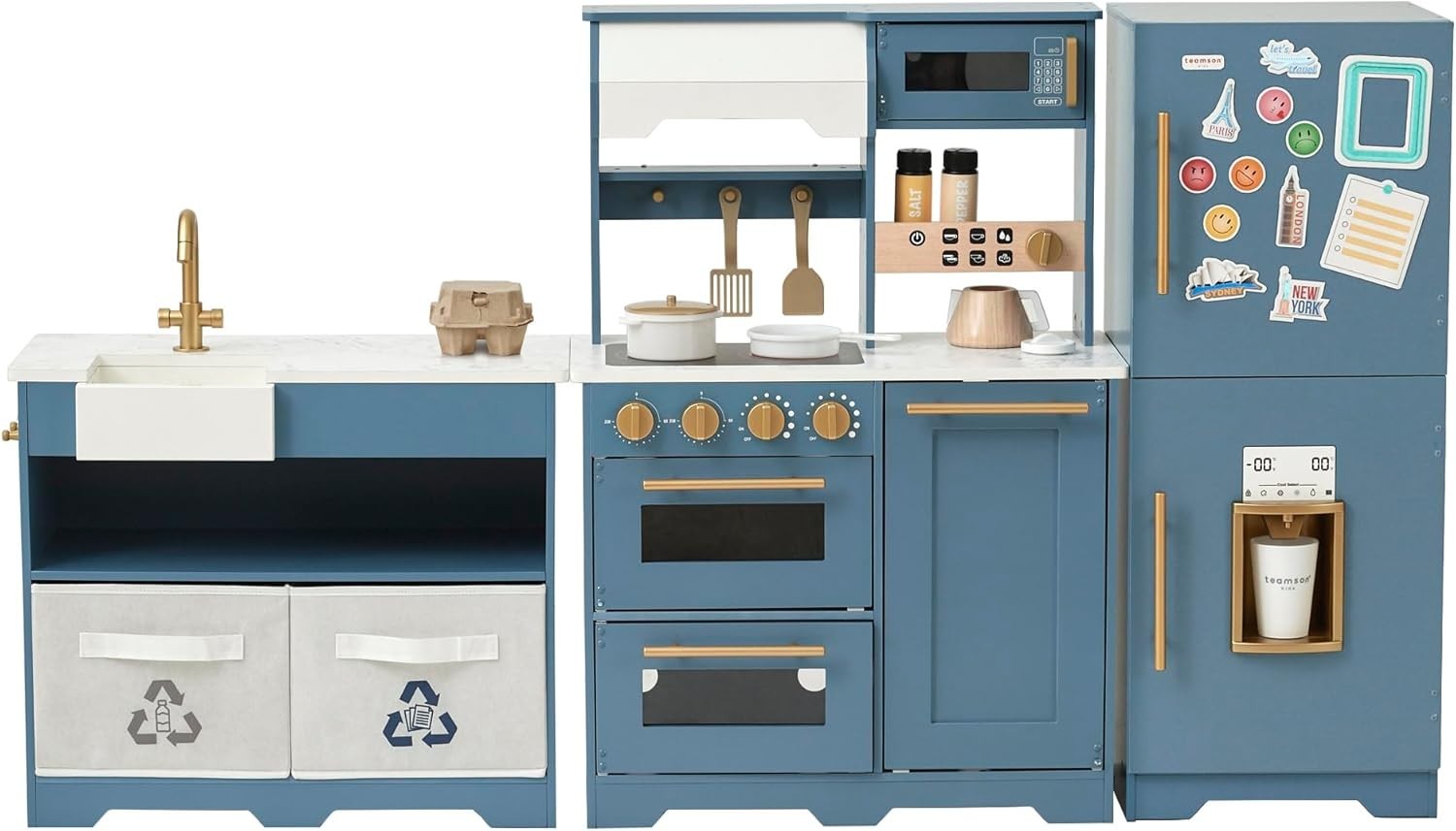 Modular Wooden Kids Play Kitchen Ice Dispenser Blue Toy Set