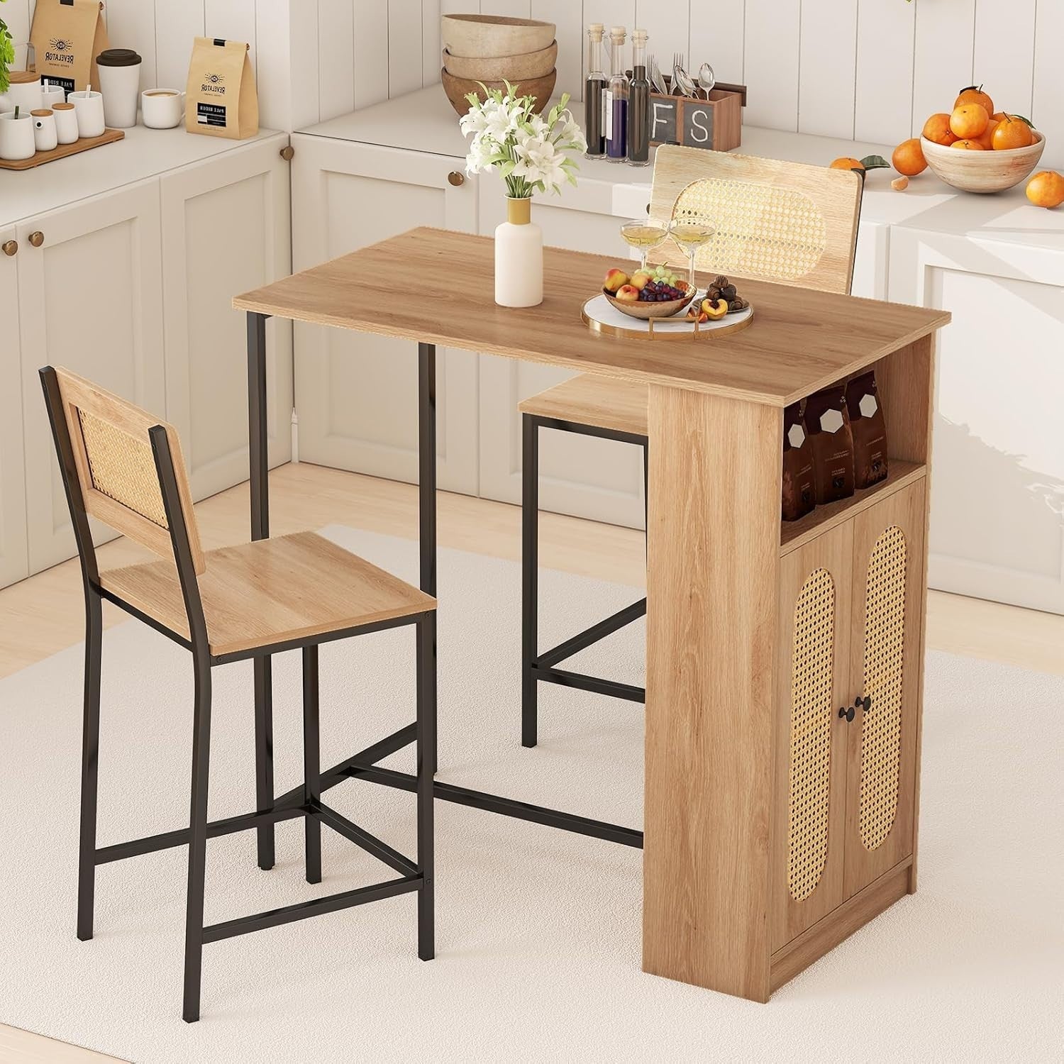 3Pcs Rattan Bar Table Set with Storage Cabinet & 2 Chairs Natural Wood Furniture
