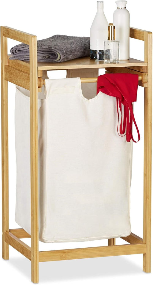 Bamboo Laundry Hamper with Shelf Pull-Out Bag 30L Natural Wood Storage Stand
