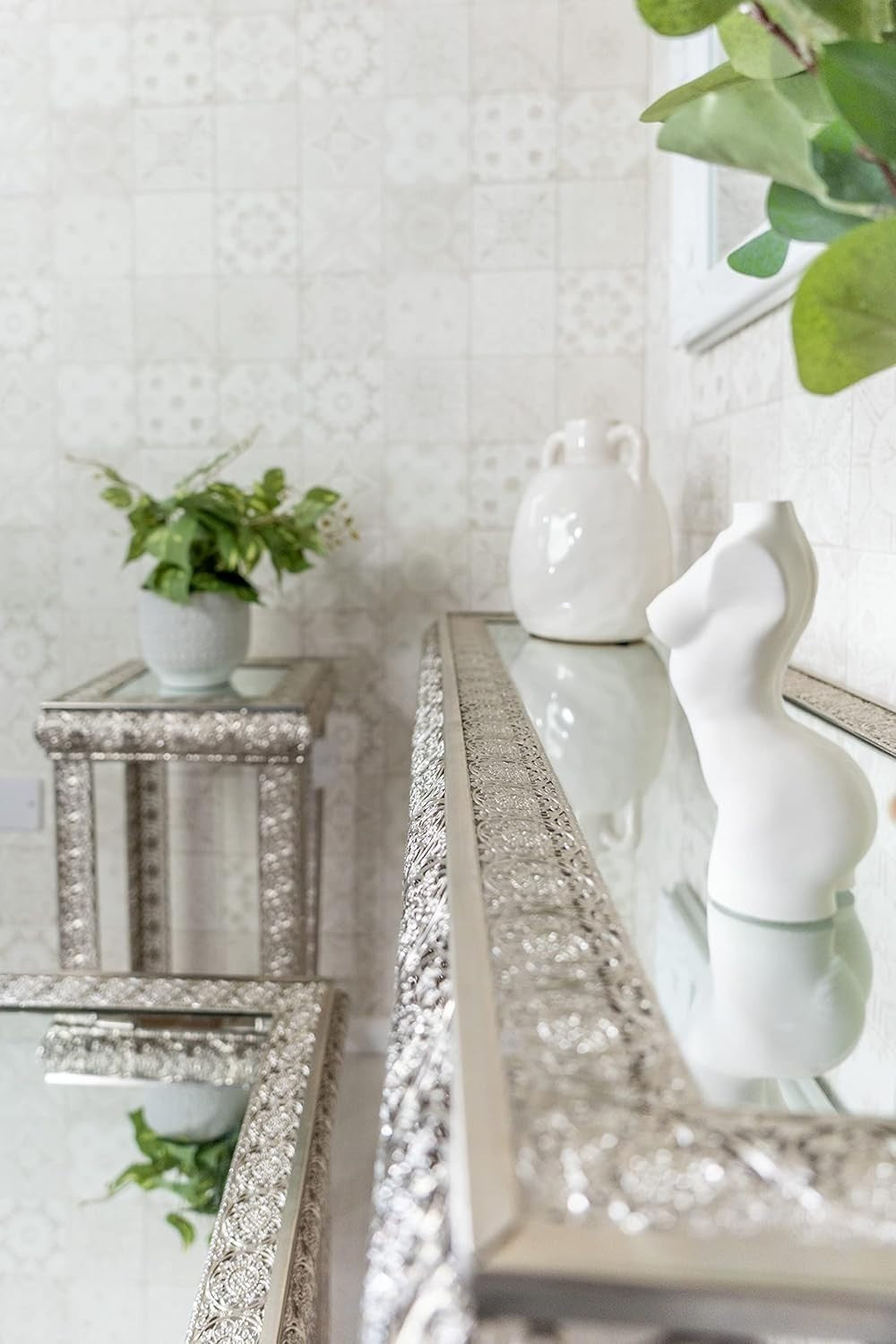 Moroccan Silver Embossed Metal Console Table with Glass Top 33Dx102Wx75H cm