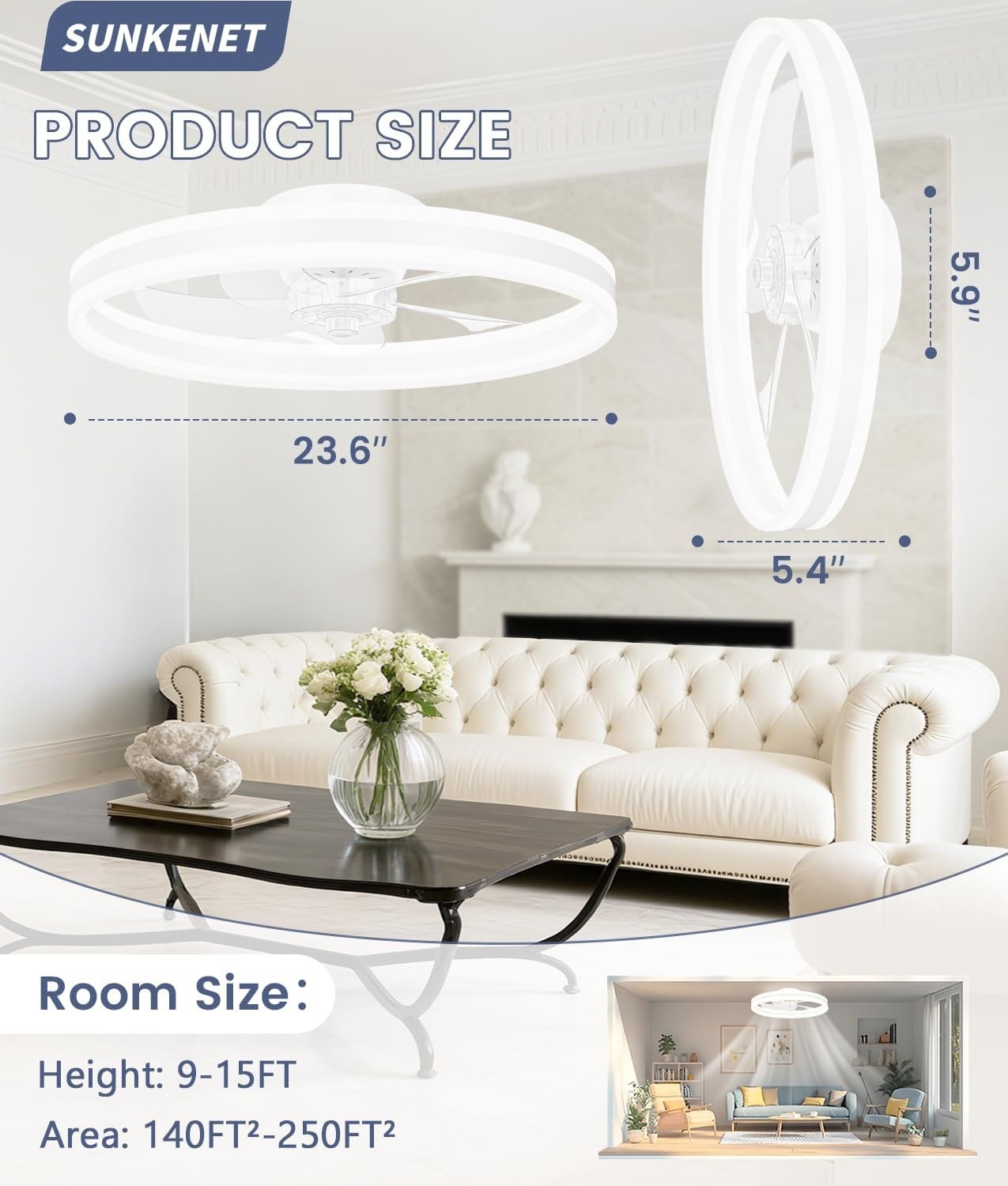 60cm Ceiling Fan Light, 6 Speeds, Dimmable LED, Reversible, Quiet White Fan