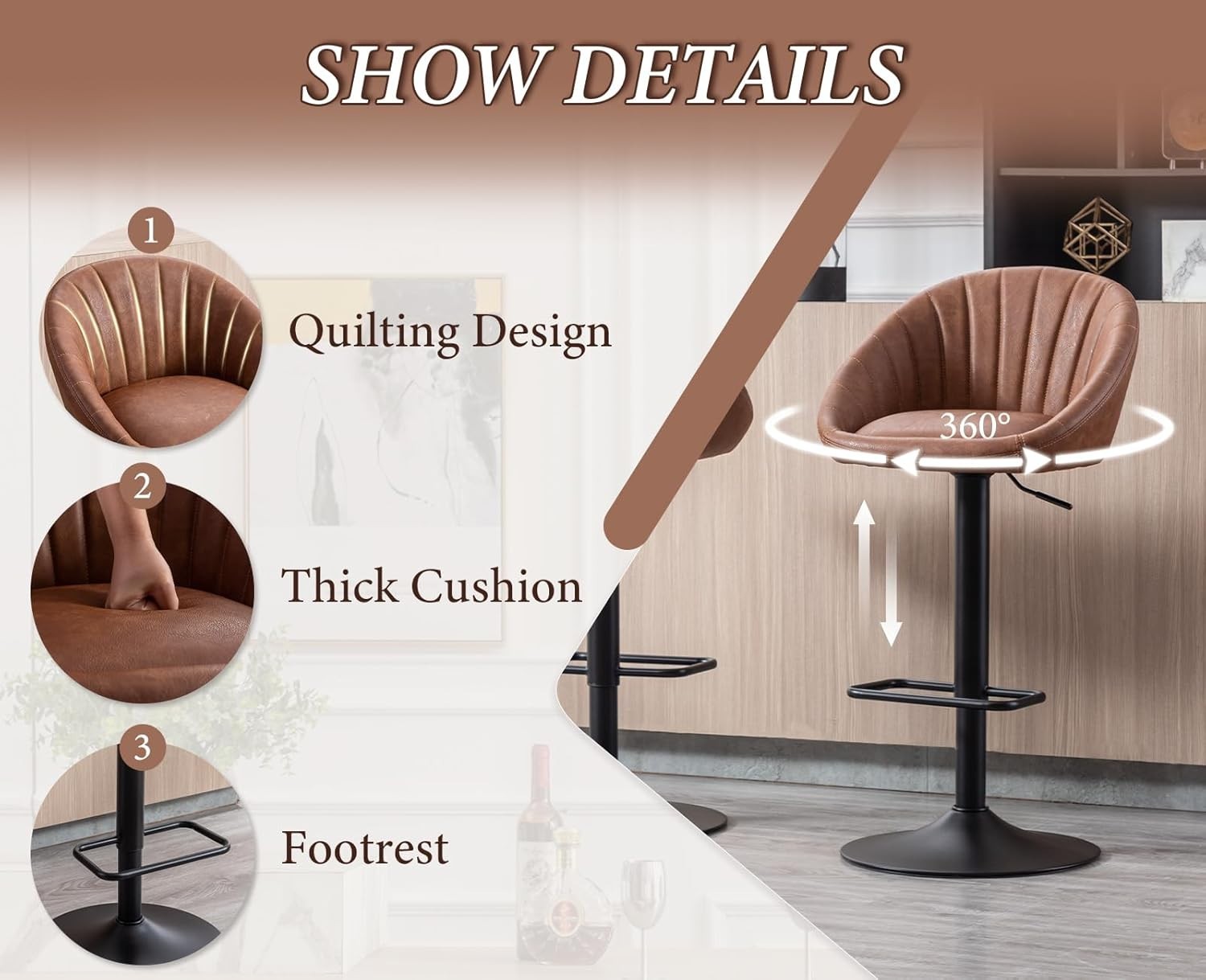 Set of 2 PU Brown Bar Stools Adjustable Swivel Counter Chairs