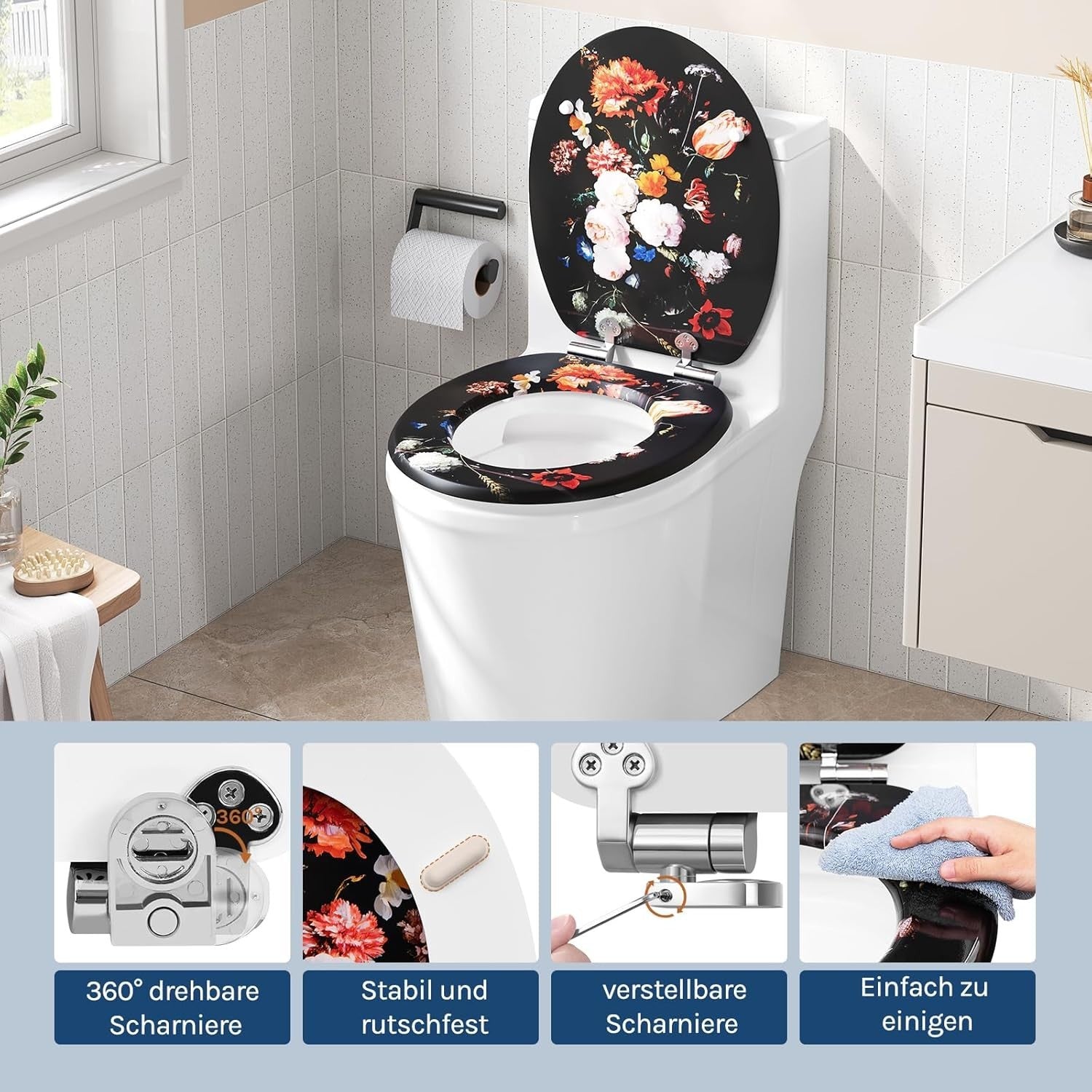 O-Shaped Toilet Seat Soft Close Quick Release Adjustable Hinges Flower Design