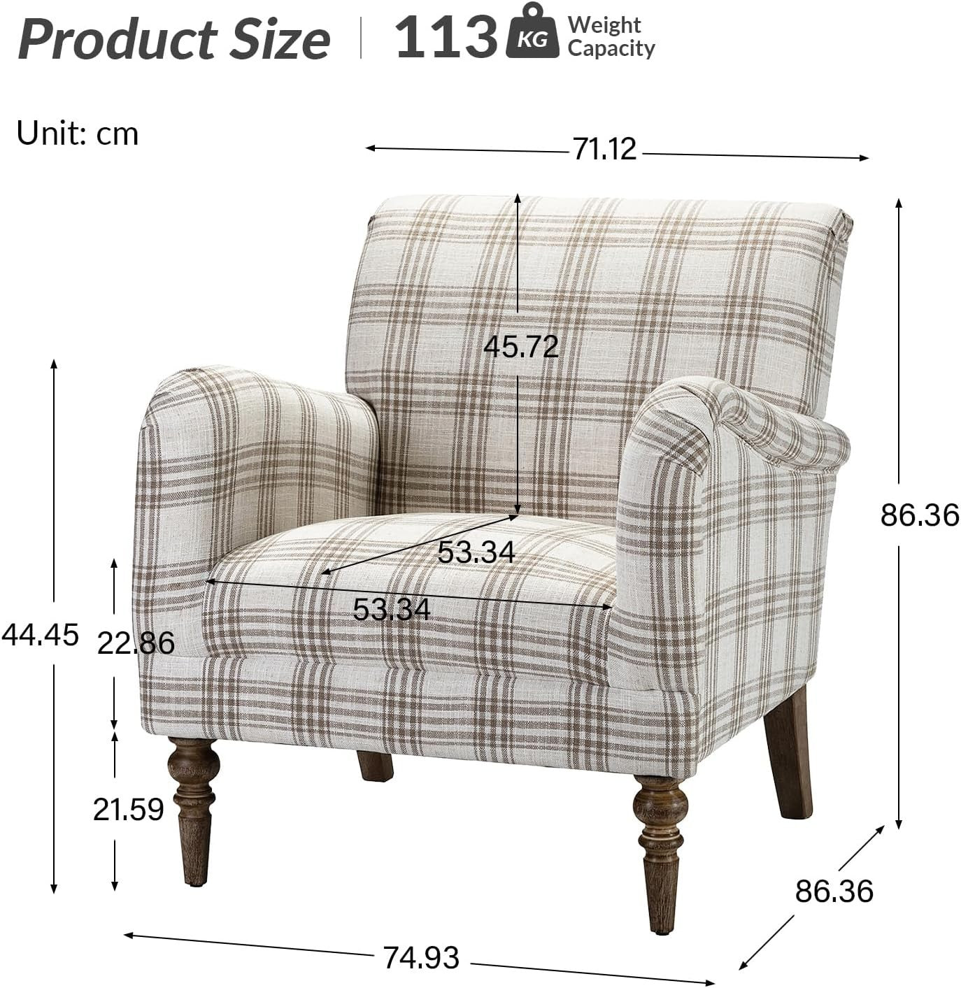 Plaid Armchair Lounge Chair Comfy Upholstered Seat Wood Legs Living Room