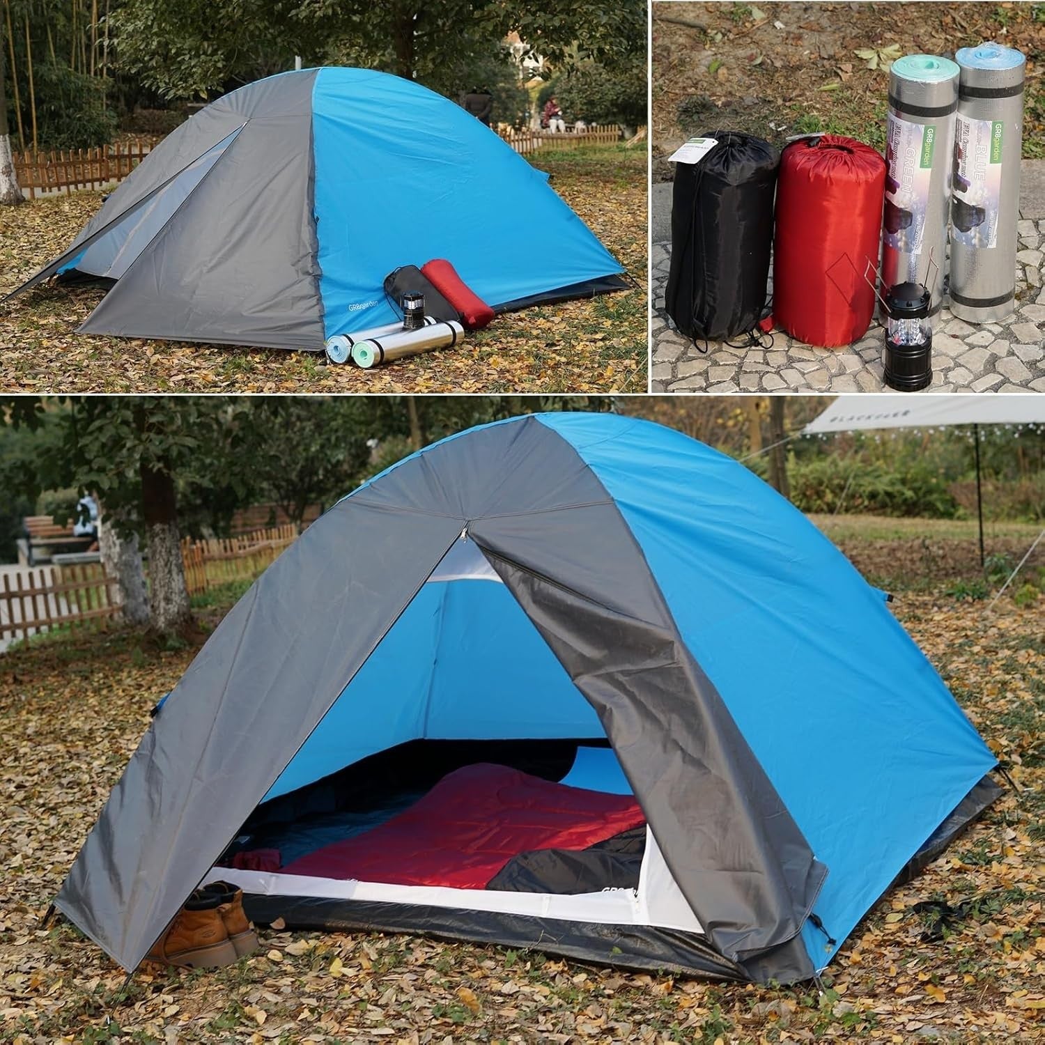 2 Person Camping Tent Set Sleeping Bags Mats Lantern Kit