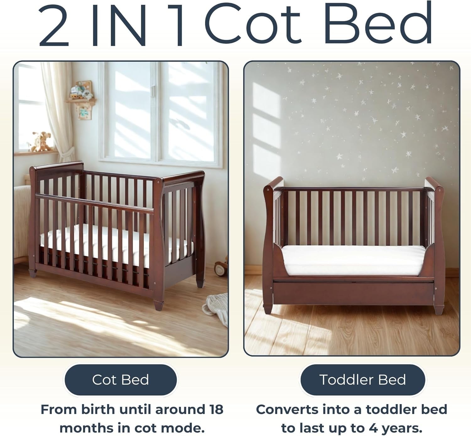 Baby Cot Bed Convertible Toddler Day Bed Adjustable Height w/o Mattress Brown