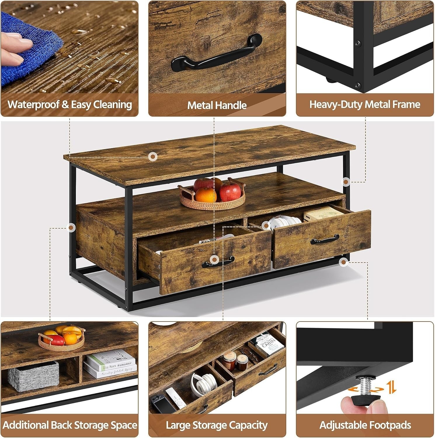 Industrial Coffee Table with Storage Drawers, Rustic Wood, Metal Frame 100cm