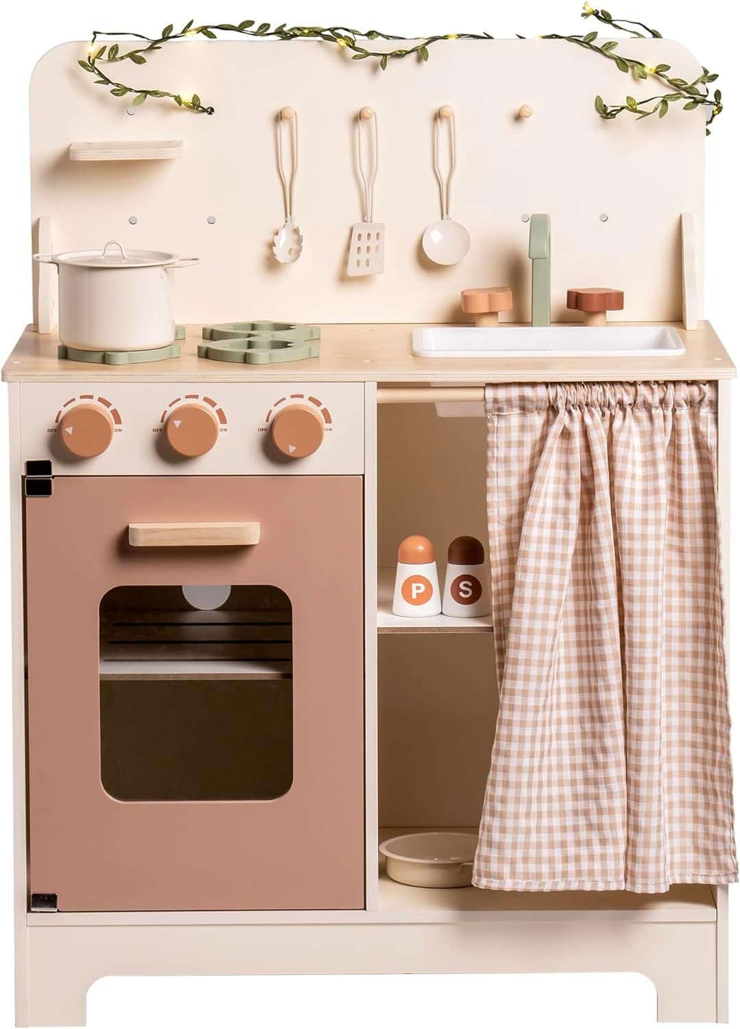 Wooden Kids Play Kitchen Set w/ Apron Oven Sink Rustic Pink Toy