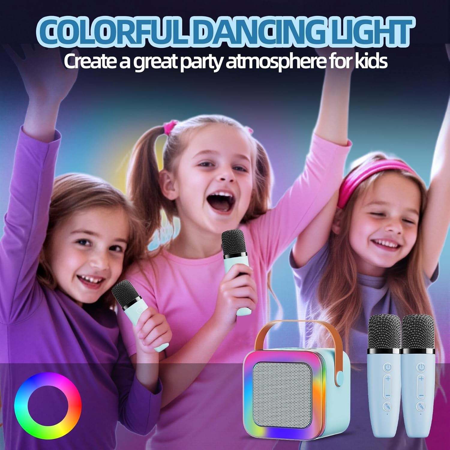 Mini Karaoke Machine for Kids & Teens 2 Wireless Mics LED Lights