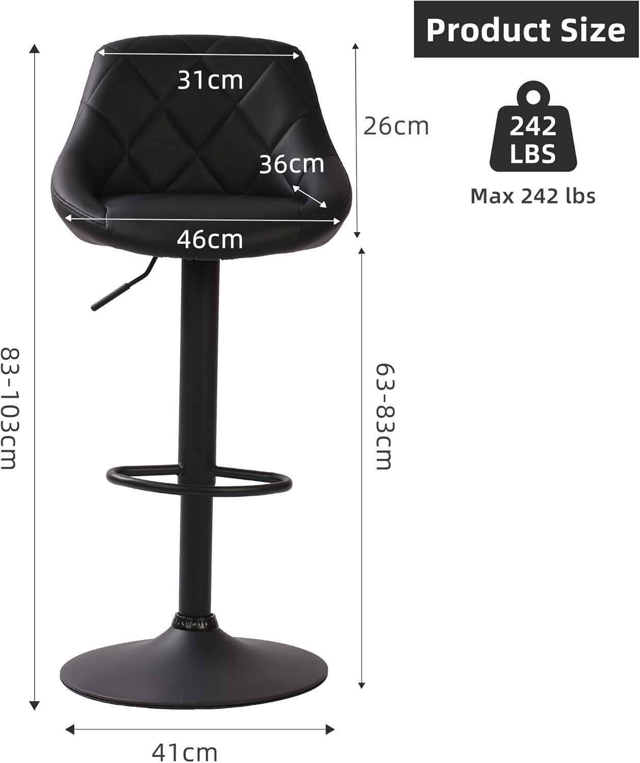 Adjustable Modern PU Leather Bar Stools with Footrest & Swivel – Black