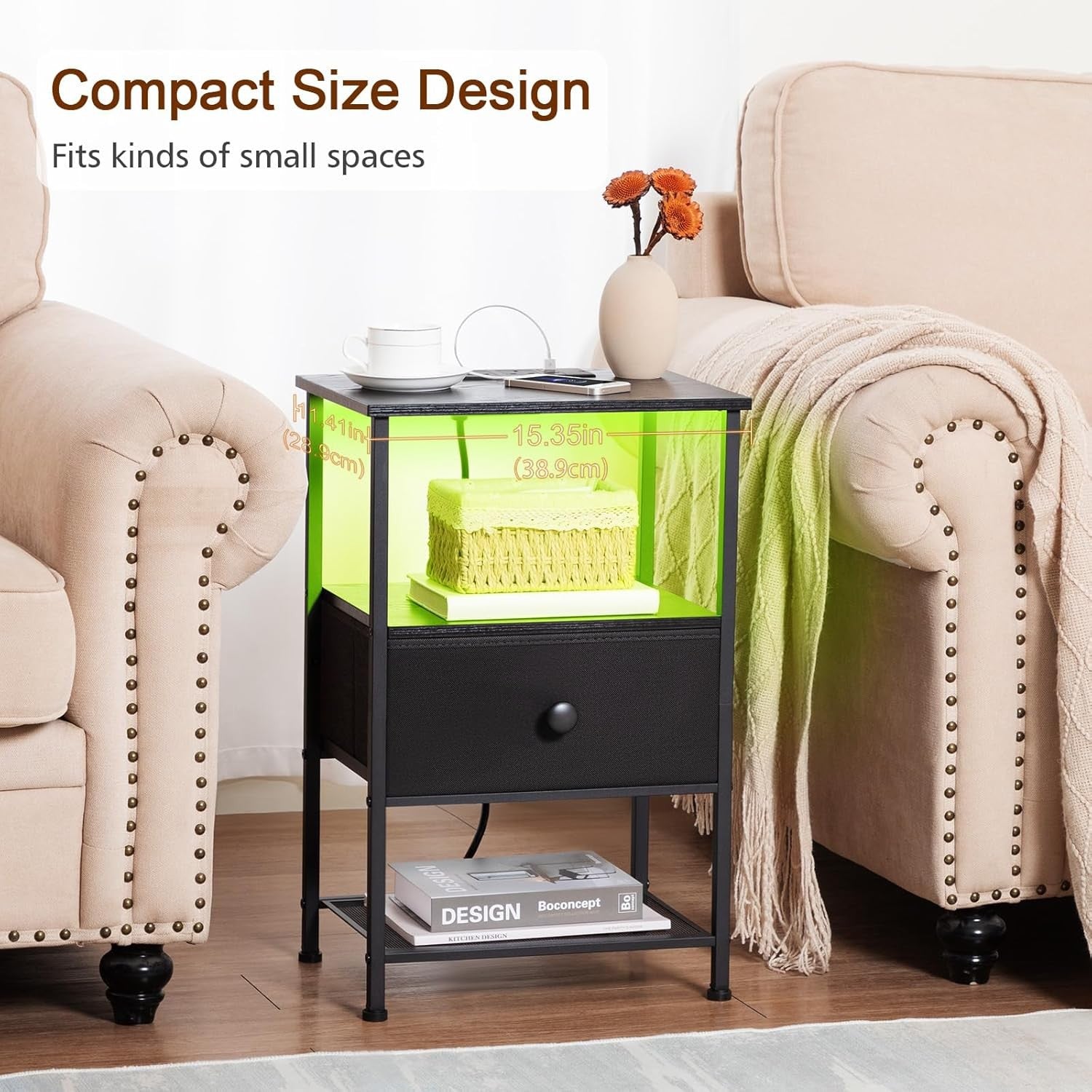 Set of 2 LED Bedside Tables with Charging Station, Fabric Drawer & Storage Shelf