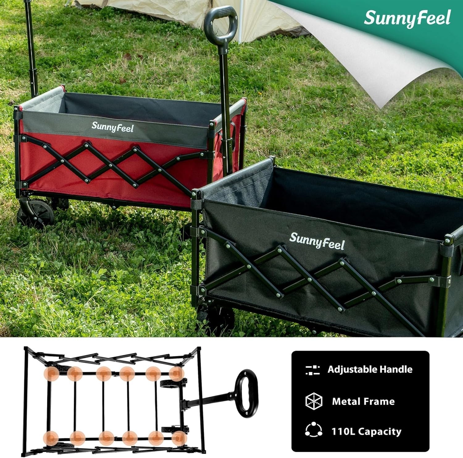 Heavy Duty Collapsible Wagon Cart 110L 330lb Load All Terrain Wheels Red