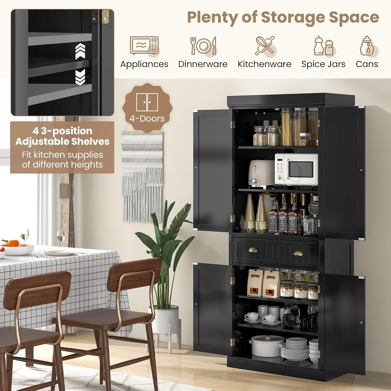 182cm Black Kitchen Pantry Cupboard | 4 Adjustable Shelves & 1 Drawer