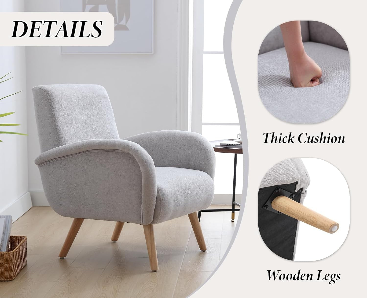 Grey Chenille Accent Tub Chair Wooden Legs Modern Armchair