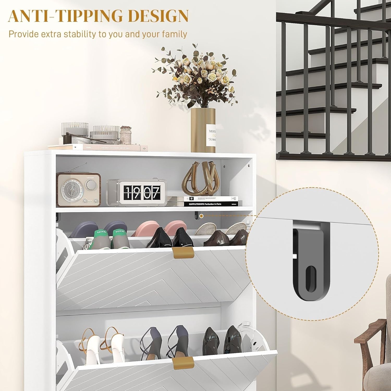 Slim Shoe Cabinet with 2 Flip Drawers & Adjustable Shelves, Holds 12 Pairs