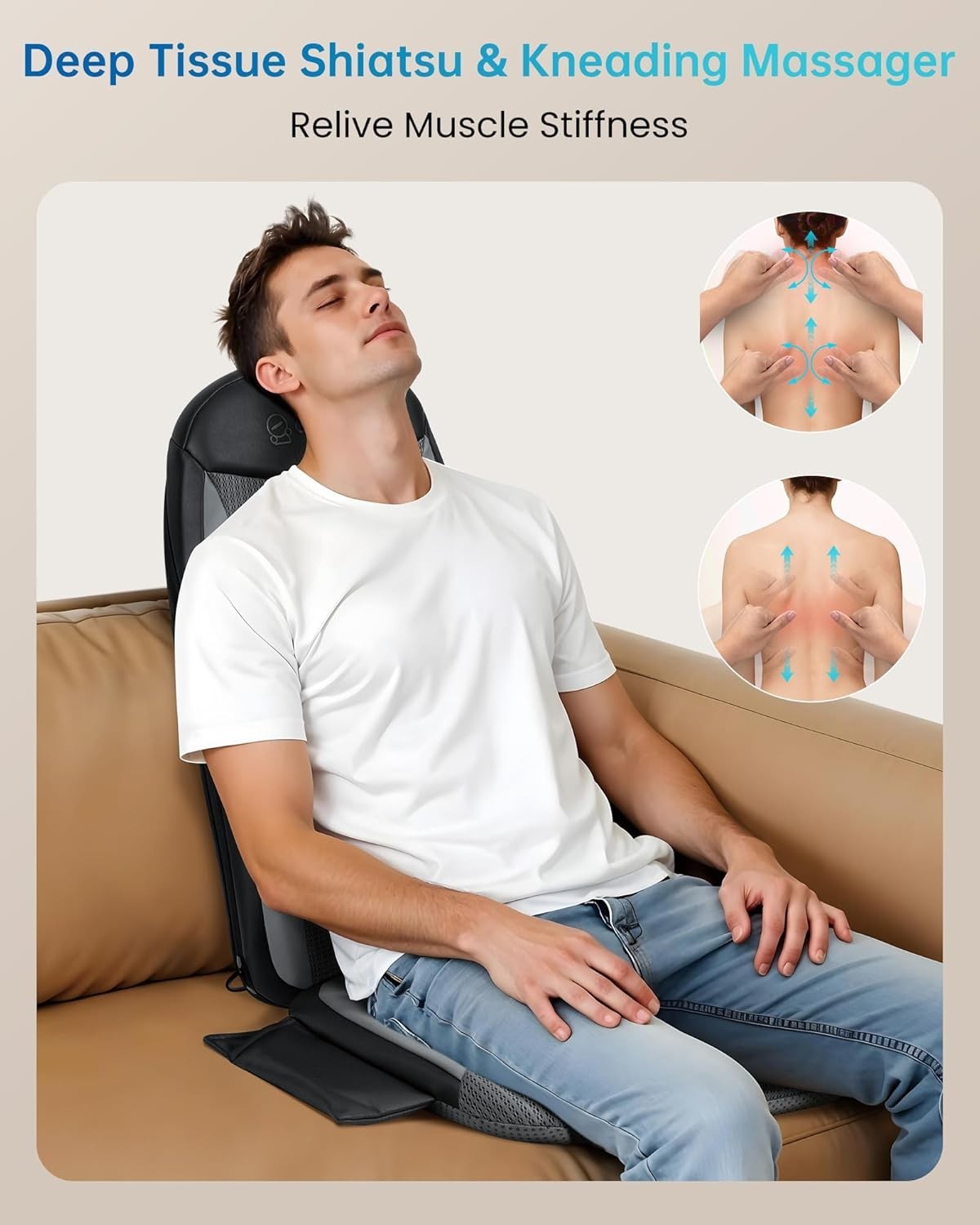 Shiatsu Back Massager Heat Deep Tissue Kneading Seat Cushion for Chair Home