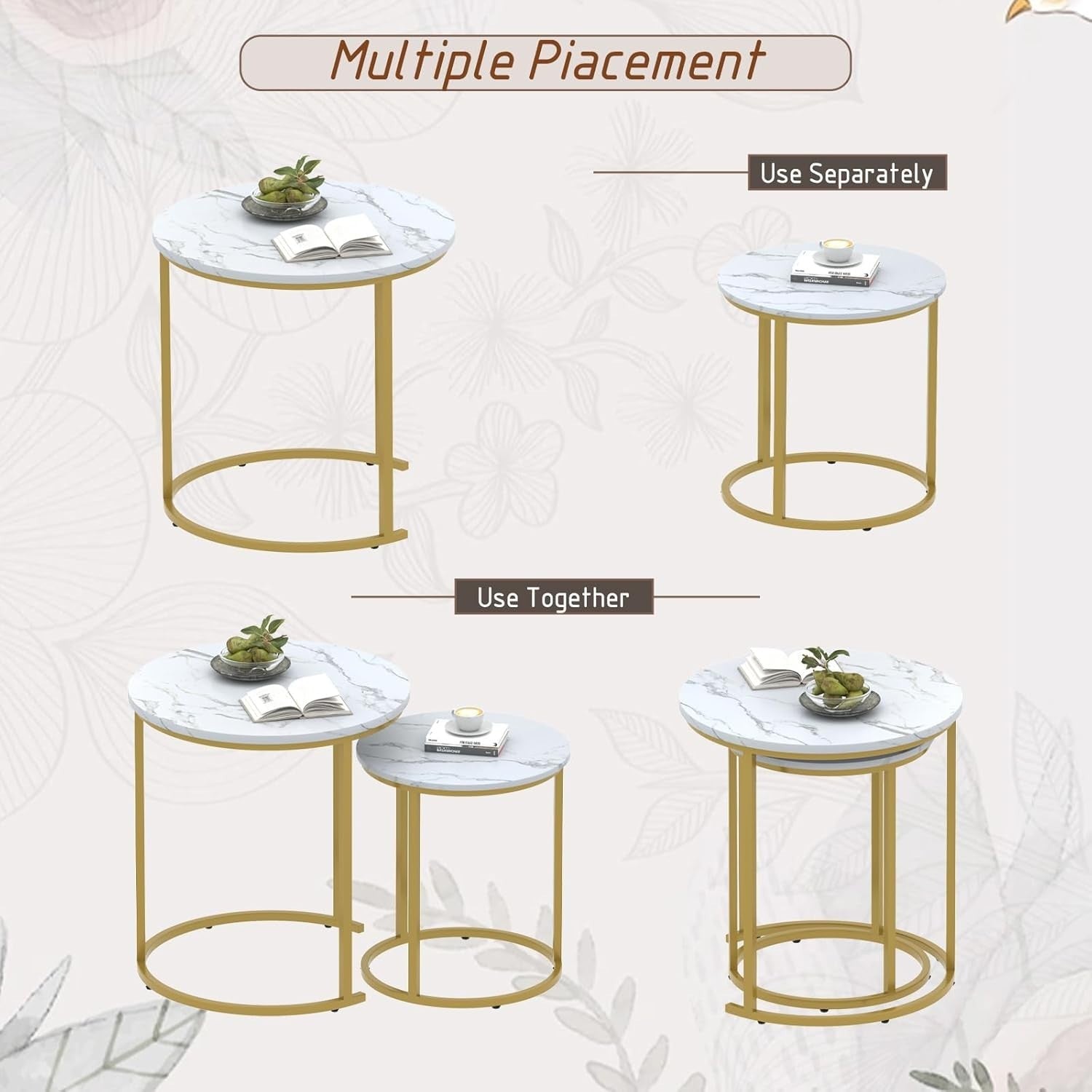 Gold Nesting Coffee Table Set Wood Sled Base Modern Round End Side Storage