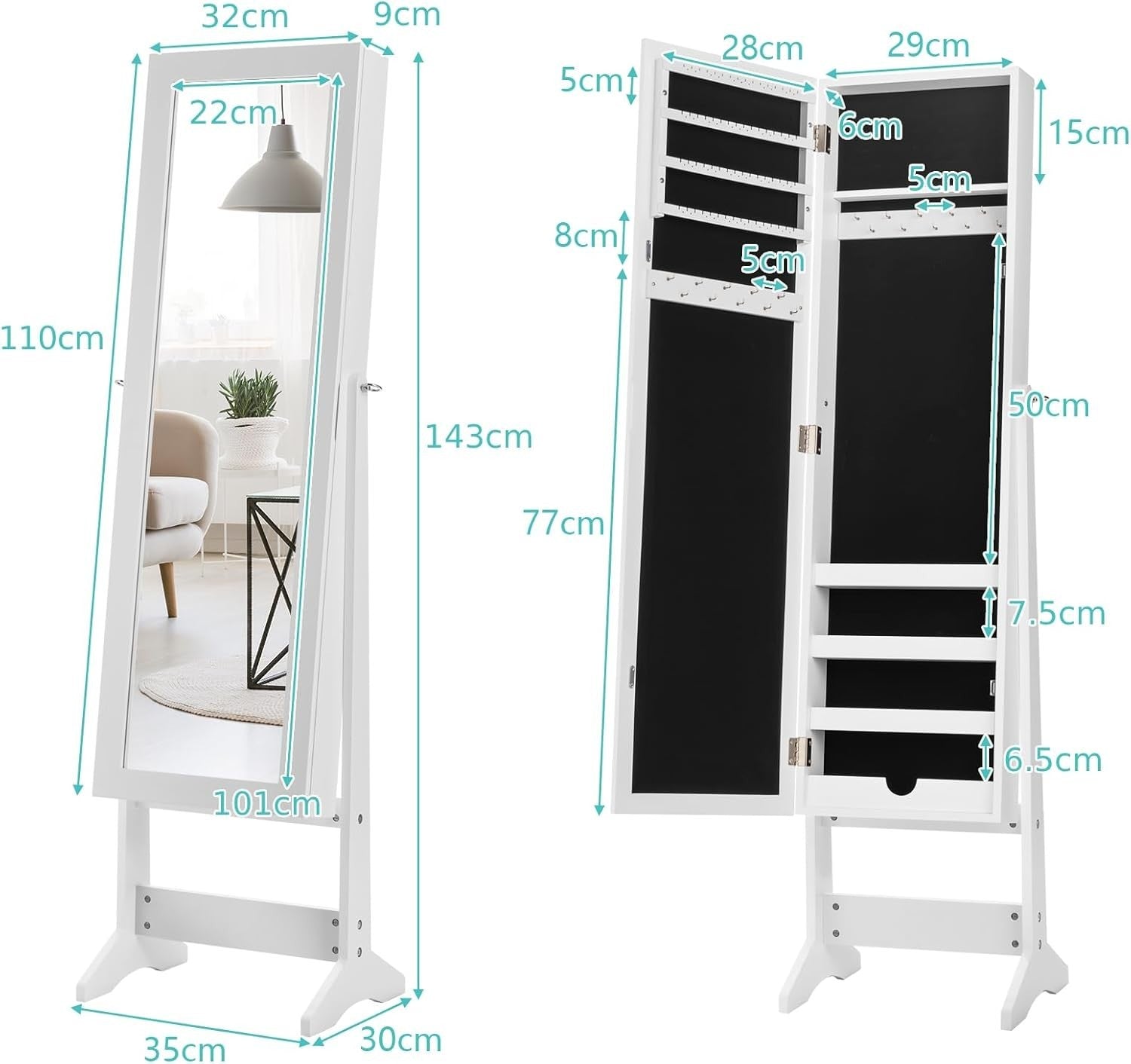 White Freestanding Jewelry Cabinet Full Length Mirror Adjustable Organizer