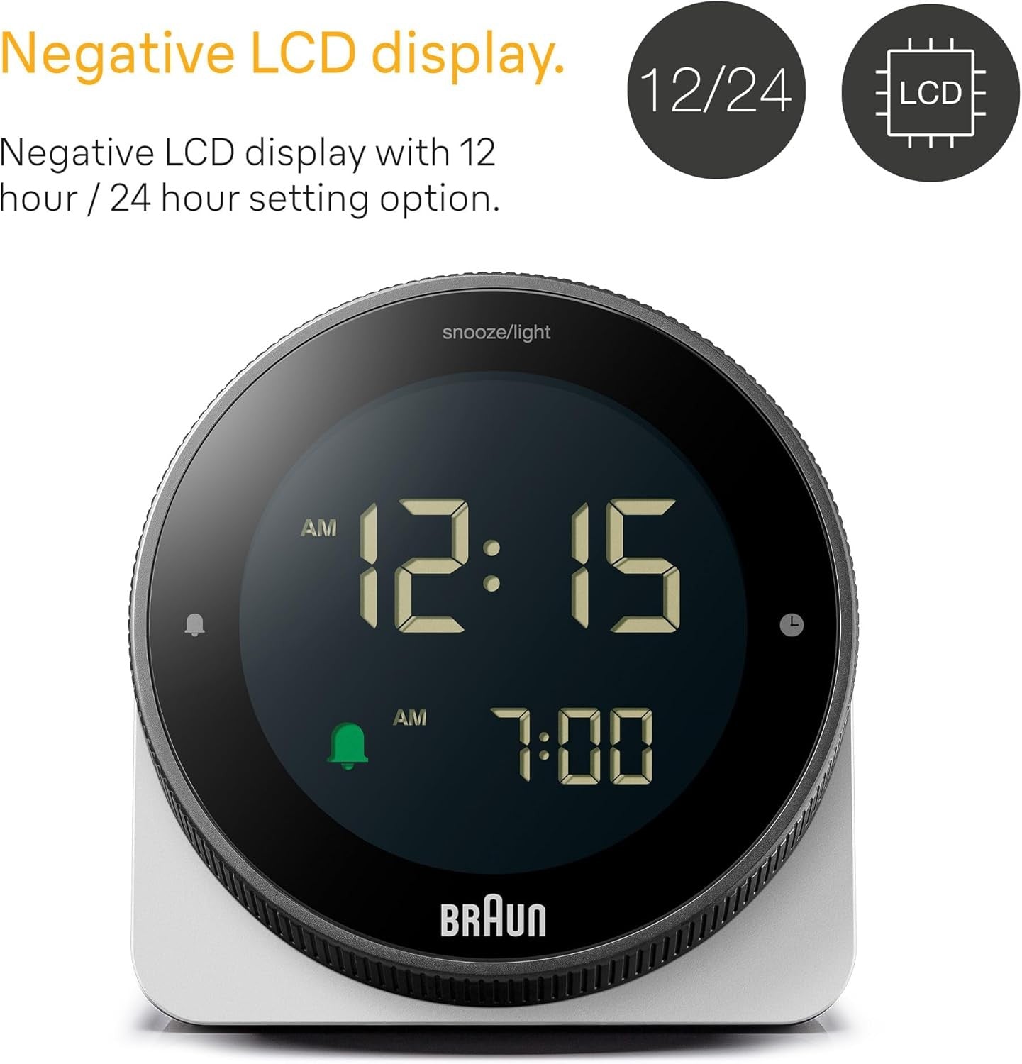 Digital Alarm Clock Negative LCD Rotating Bezel Snooze Crescendo Beep