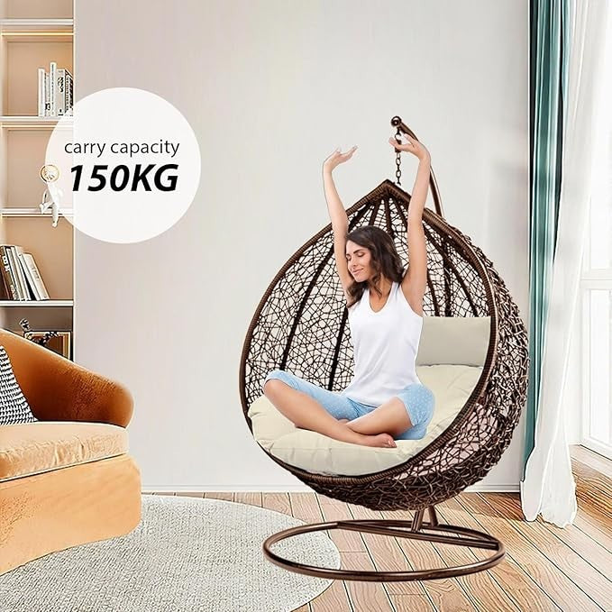 Outdoor Egg Chair Hanging Rattan Swing with Cushion & Steel Frame Garden Patio