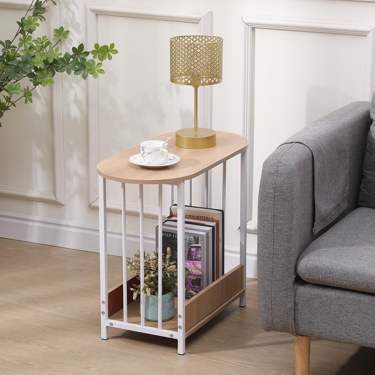 C-Shaped Wooden Sofa Side Table – Narrow Slim End Table for Small Spaces