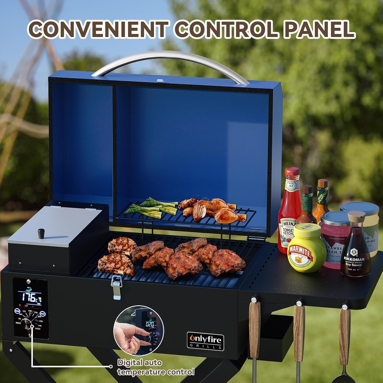 Portable Pellet Smoker BBQ Grill with Foldable Stand & Side Table