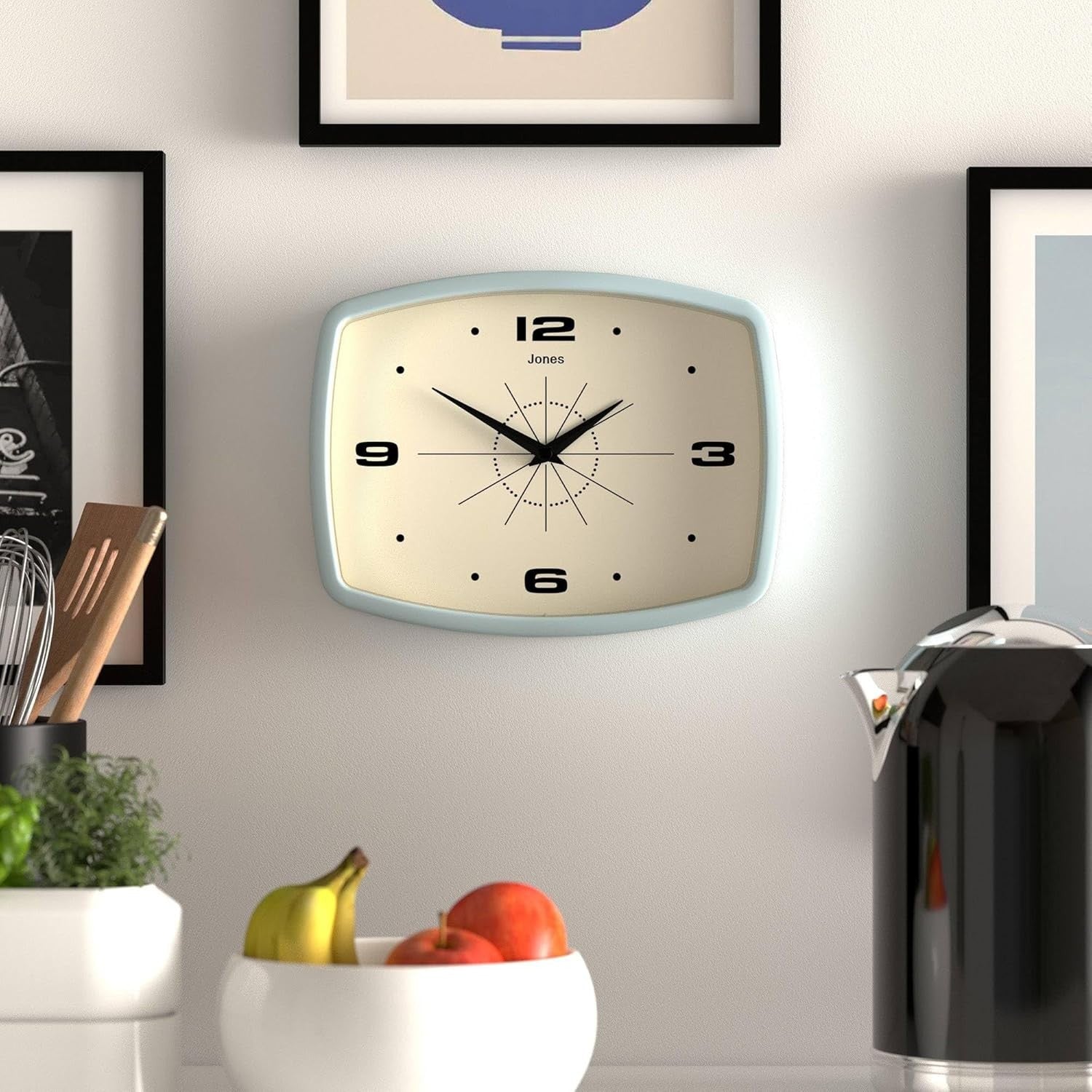 Retro 25cm Wall Clock Rectangle Silent Pale Blue Kitchen Living Room Decor