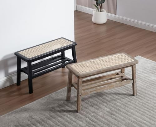Black Rattan Dining Bench with Solid Wood Legs Entryway Shoe Storage Ottoman