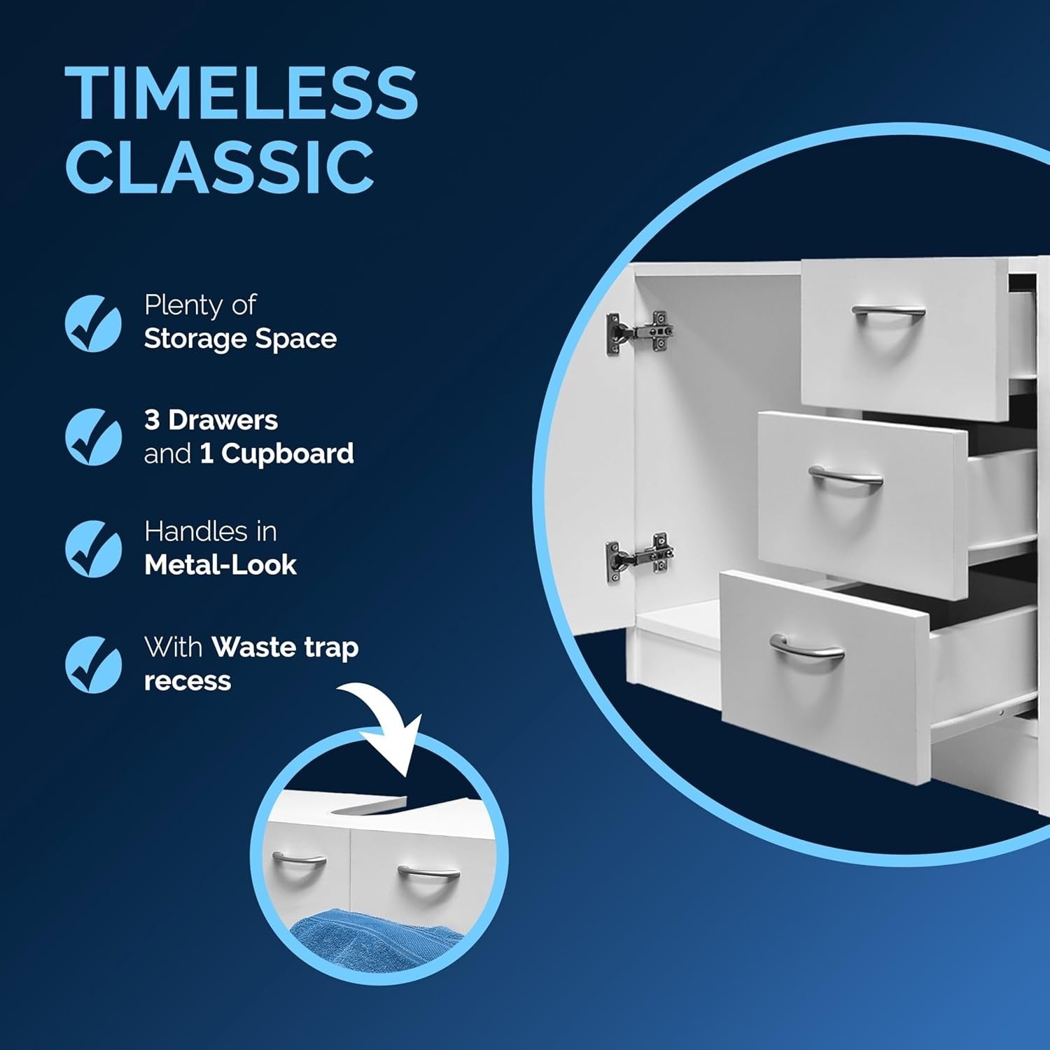 Bathroom Vanity Unit Under Sink Storage Cabinet 3 Drawer Cupboard White