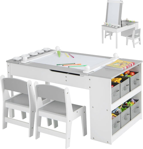 Kids Art Table and Chair Set with Storage Bins & Easel Desk Grey 5 Cups