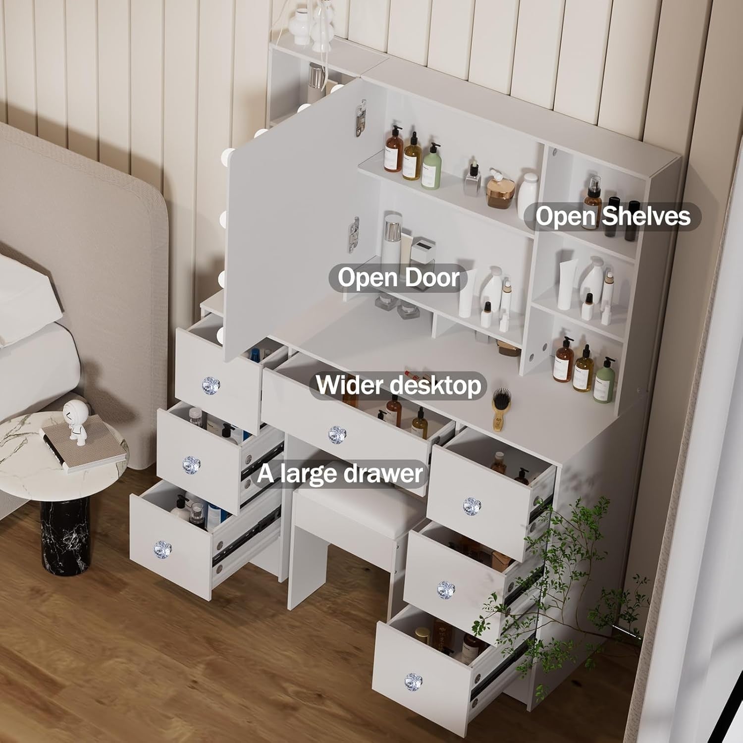 Vanity Makeup Desk 7 Drawers LED Lights Modern White Dressing Table Wood Large