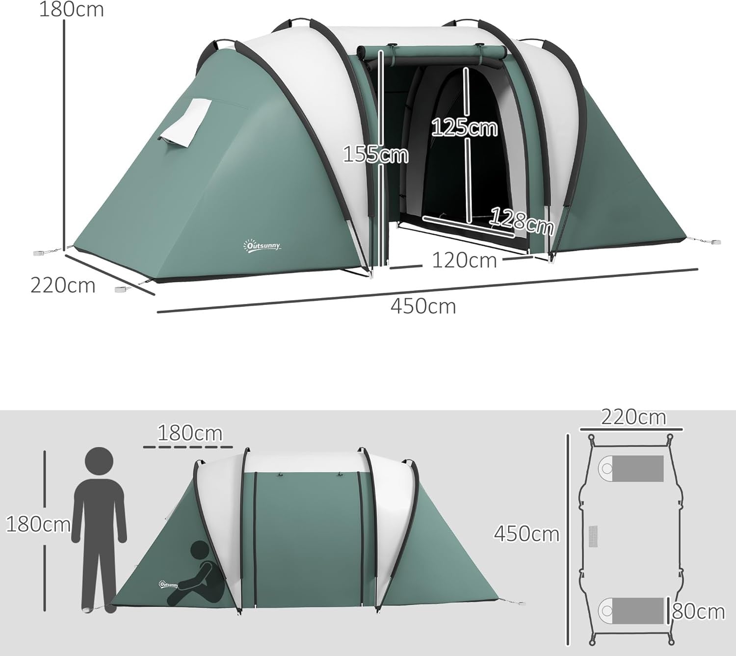 4-5 Person Family Tunnel Tent 3000mm Waterproof 2 Bedroom