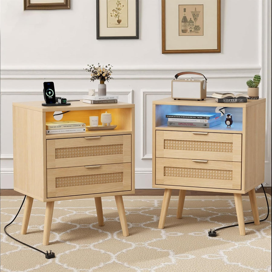 Set of 2 Bedside Table,Nightstand with Charging Station and LED Lights, Bedside