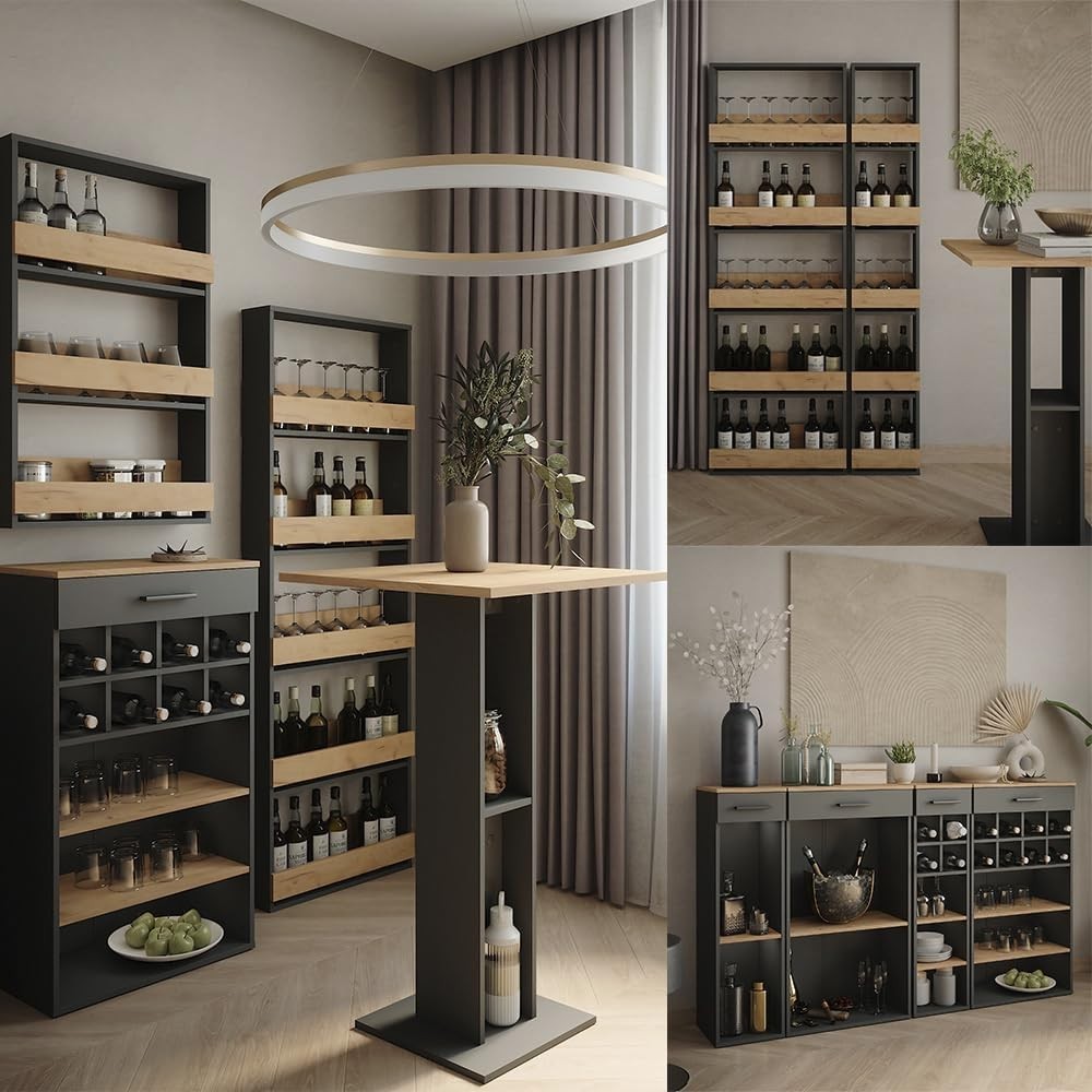 Modern Tall Wine Rack Cabinet with Shelves & Drawer | Oak & Anthracite 30x106cm
